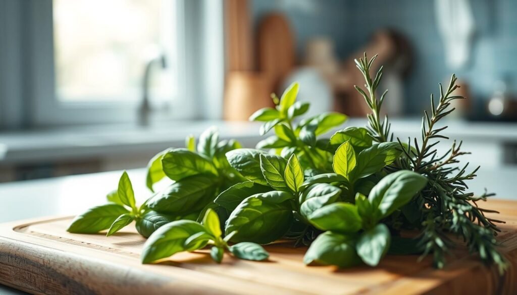 a close-up shot of fresh, vibrant herb leaves, including basil, thyme, and rosemary, arranged artfully on a wooden cutting board in a cozy, minimal kitchen with light blue accents; the leaves are illuminated by soft, natural lighting from a window, casting gentle shadows and highlights that accentuate their delicate textures and rich green hues; the overall composition suggests the importance and beauty of these flavorful ingredients in crafting aromatic, cold lunch dishes
