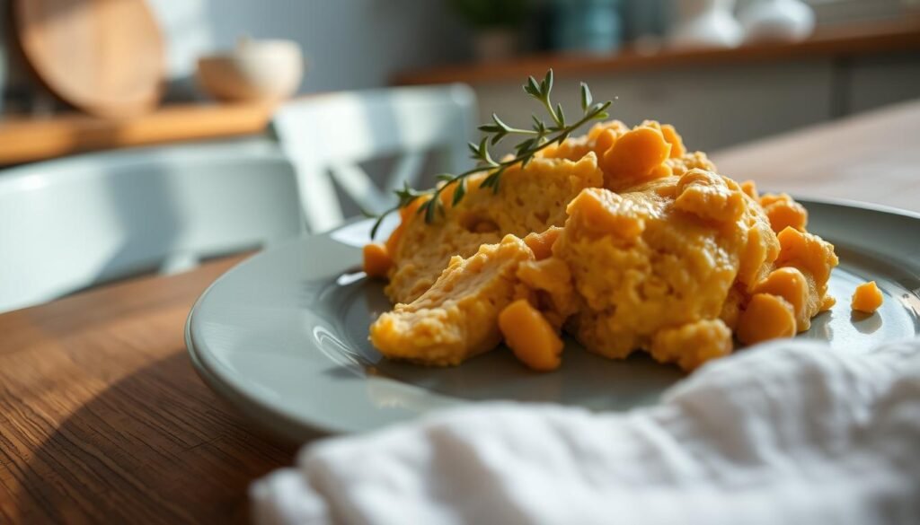 a close-up view of a plate of homemade chickpea cheese on a wooden table, with a soft, creamy texture and a golden-brown surface, garnished with a sprig of fresh herbs, in a cozy, minimal kitchen with light blue accents, warm natural lighting, and no hands visible