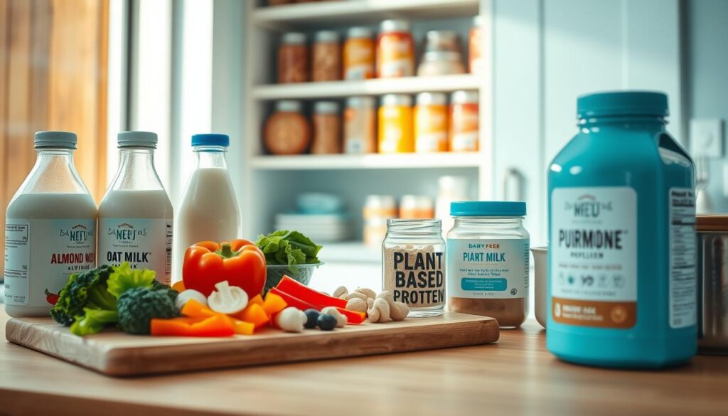 a cozy and minimal kitchen with warm wooden textures and light blue accents, showcasing a selection of dairy-free meal prep ingredients and containers. In the foreground, a variety of plant-based milk alternatives, such as almond, oat, and soy milk, are neatly arranged. In the middle ground, a cutting board with freshly chopped vegetables, including broccoli, bell peppers, and mushrooms, sits alongside a jar of plant-based protein powder. The background features a well-organized pantry with shelves of canned beans, lentils, and whole grains. The overall scene conveys a sense of organization, simplicity, and a commitment to dairy-free, nutritious office meal prep.