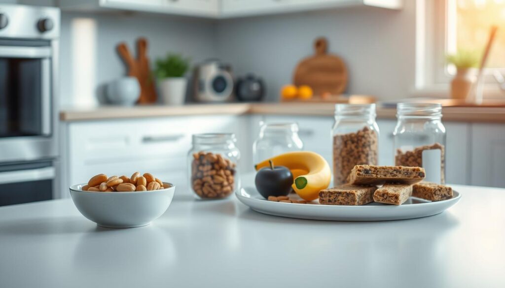a cozy and minimal kitchen with warm wooden textures, light blue accents, and no hands. on the kitchen counter, an assortment of healthy snacks are laid out - a small bowl of mixed nuts, a plate of fresh fruit, a jar of trail mix, and a few granola bars. the lighting is soft and natural, creating a calming atmosphere that encourages mindful snacking. the overall scene conveys the idea of making simple, nutritious choices to power through the workday.