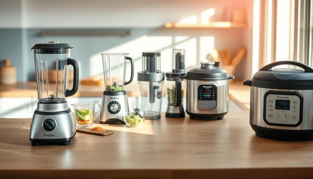 a cozy and minimal kitchen with wooden textures, light blue accents, and no hands. on a countertop, an arrangement of time-saving tools for morning meal prep: a high-speed blender, an electric spiralizer, a digital kitchen scale, a multi-function food processor, and a programmable rice cooker. the tools are positioned neatly, casting soft shadows on the surface. the lighting is warm and natural, accentuating the clean lines and muted colors of the space. the overall atmosphere is one of efficiency and organization, reflecting the thoughtful planning of a quick and healthy breakfast routine.