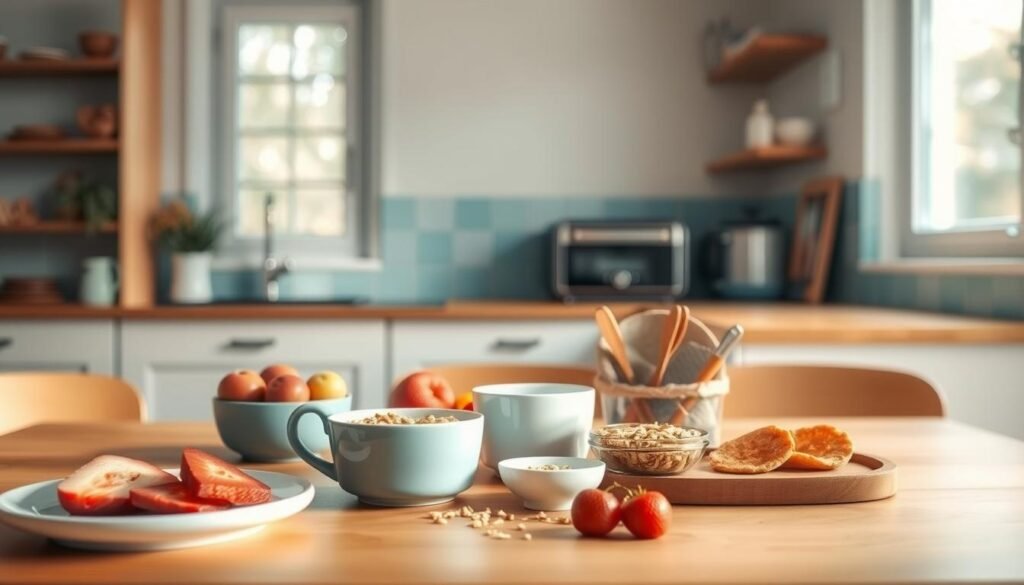 a cozy and minimalist kitchen scene, filled with natural light from large windows. In the foreground, an assortment of healthy breakfast items are neatly arranged on a wooden table - fresh fruit, yogurt, granola, and a mug of steaming coffee. In the middle ground, a compact appliance like a toaster oven or coffee maker sits on the countertop, hinting at the quick and easy preparation of these breakfast ideas. The background features light blue accents, such as a backsplash or cookware, complementing the warm wooden tones. The overall atmosphere is calming and inviting, perfectly capturing the "quick and easy breakfast ideas for busy mornings" theme.