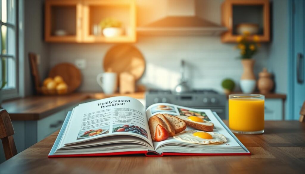 a cozy kitchen interior with wooden textures and light blue accents, featuring an open book on the countertop displaying pages with information about the benefits of a balanced breakfast, including visuals of various healthy breakfast components such as fresh berries, whole grain toast, scrambled eggs, and a glass of orange juice, all arranged in a harmonious and appetizing composition, illuminated by natural light streaming in through a nearby window, creating a warm and inviting atmosphere that encourages healthy eating habits.