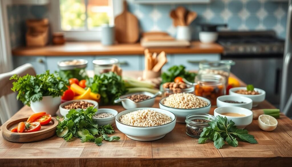 a cozy kitchen with natural wood textures and light blue accents, showcasing a variety of recipe customization options neatly arranged on a wooden table: fresh herbs, spices, sliced vegetables, various grains, sauces, and garnishes. the scene is well-lit with soft, diffused lighting, creating a warm and inviting atmosphere. the composition emphasizes the versatility and creativity of meal preparation, encouraging the viewer to explore different flavor combinations and personalize their dishes.