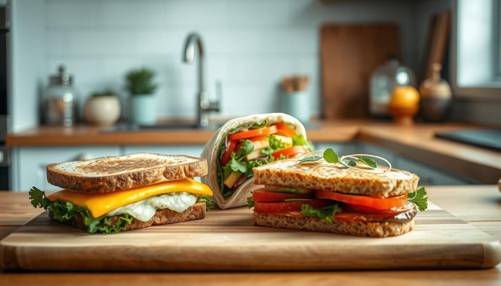 a cozy kitchen with wooden countertops, light blue accents, and a minimalist aesthetic. various sandwiches are arranged on a wooden cutting board, including a classic grilled cheese, a veggie-packed wrap, and an open-faced BLT. the sandwiches are presented in a visually appealing way, with fresh ingredients and vibrant colors. the lighting is soft and diffused, creating a warm and inviting atmosphere. the camera angle is slightly elevated, capturing the entire cutting board in the frame. the focus is on the sandwiches, with the kitchen elements providing a simple, uncluttered backdrop.