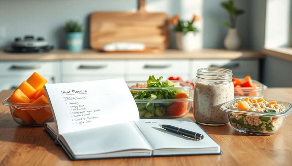 a cozy kitchen with wooden textures and light blue accents, filled with a variety of fresh ingredients and meal prep containers, showcasing a well-planned weekly menu with a focus on high-protein cold lunch options to support fitness goals. The scene is bathed in warm, natural lighting, captured from a slightly elevated angle to create a sense of order and organization. In the foreground, an open meal planning notebook with handwritten notes and a pen, while in the middle ground, various chopped vegetables, lean protein sources, and a glass jar of overnight oats. The background features a minimalist kitchen counter with a cutting board, kitchen utensils, and a small potted plant, conveying a sense of simplicity and intention.