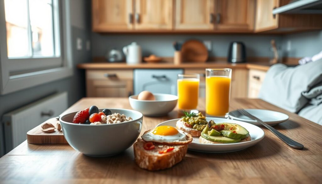 a cozy, minimal dorm room kitchen with wooden textures and light blue accents, featuring an array of simple, healthy breakfast recipes laid out on a clean, wooden table - oatmeal with berries, scrambled eggs, avocado toast, and a glass of fresh orange juice, all bathed in soft, natural lighting, conveying a sense of nourishing, dorm-friendly sustenance to start the day