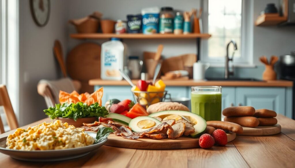 a cozy, minimal kitchen environment with warm wooden textures and light blue accents, showcasing a variety of dairy-free breakfast options artfully arranged on a wooden table. In the foreground, a selection of plant-based protein sources such as tofu scramble, tempeh bacon, and vegan sausage patties. In the middle ground, fresh fruits like sliced avocado, juicy berries, and a vibrant green smoothie. In the background, a shelf displaying dairy-free milk alternatives, whole grain breads, and other plant-based pantry staples. The scene is illuminated by natural light filtering through a window, creating a cozy and inviting atmosphere. The overall composition emphasizes the variety, nutrition, and appeal of dairy-free breakfast options.