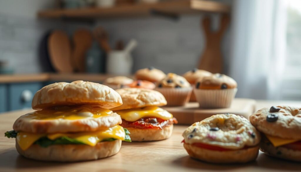 a cozy, minimal kitchen environment with warm wooden textures and light blue accents. In the foreground, an assortment of kid-friendly breakfast sandwiches, including fluffy egg muffins with melted cheese, mini breakfast biscuits, and handheld veggie-packed quiches. In the middle ground, a selection of muffins in bright, kid-friendly flavors like blueberry, banana, and chocolate chip, arranged on a wooden cutting board. The lighting is soft and natural, creating a inviting, nurturing atmosphere. No hands visible, focus solely on the delectable breakfast items.