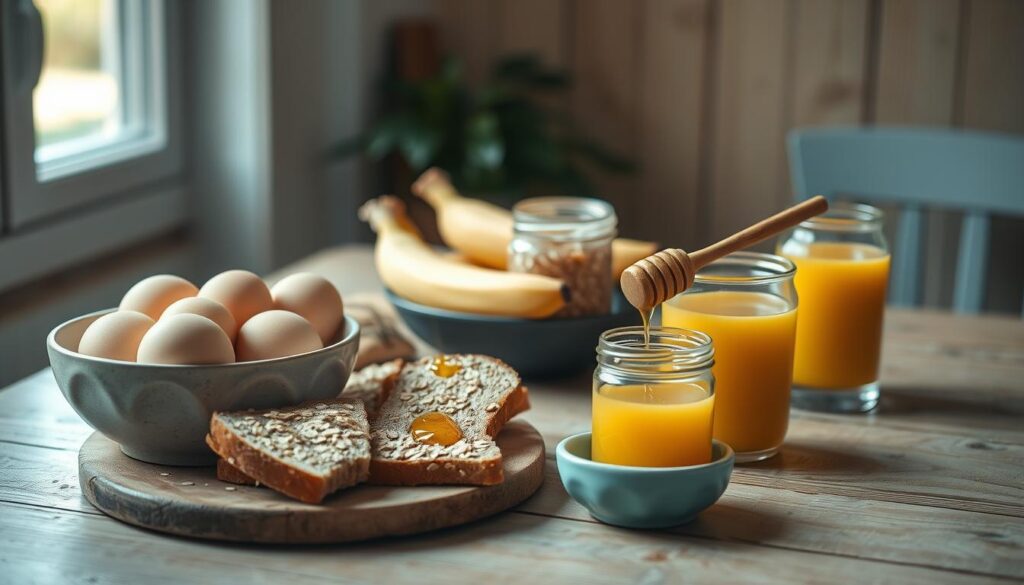 a cozy, minimal kitchen environment with wooden textures and light blue accents, No Hand. A rustic wooden table holds an array of essential breakfast ingredients: fresh farm eggs in a ceramic bowl, a bundle of ripe bananas, a glass jar filled with rolled oats, a wooden honey dipper drizzling golden liquid, a small stack of whole grain toast, and a glass of freshly squeezed orange juice. Soft natural light filters through the window, casting a warm glow over the scene. The composition is clean and uncluttered, allowing the simple, wholesome ingredients to take center stage.