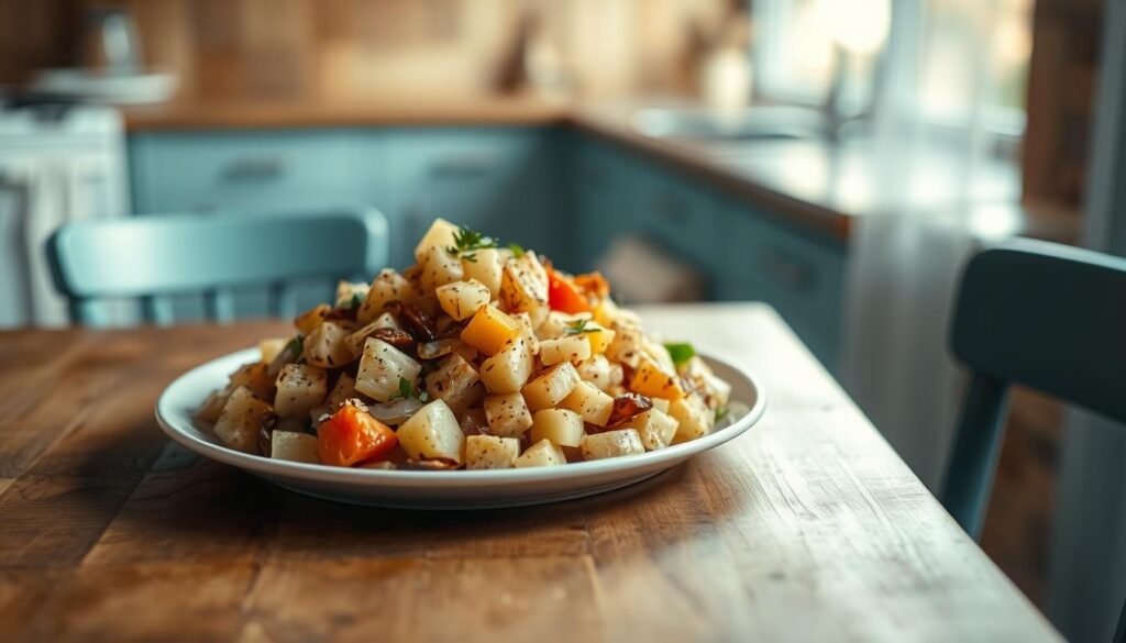 a cozy, minimal kitchen environment with wooden textures and light blue accents, a plate of savory salt and pepper potato hash sits on a wooden table, the hash is a mix of diced potatoes, onions, bell peppers, and crispy edges, a warm, inviting lighting casts a soft glow over the scene, capturing the comforting and nourishing nature of this simple yet delicious breakfast dish, no hand visible, focus is on the plate of hash