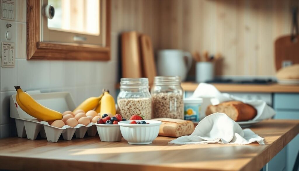 a cozy, minimal kitchen environment with wooden textures and light blue accents, featuring a variety of budget-friendly breakfast ingredients arranged neatly on a wooden table. The scene includes a carton of eggs, a jar of oats, a bunch of bananas, a container of yogurt, a loaf of whole-grain bread, and a small bowl of berries, all bathed in warm, natural lighting from a nearby window. The overall mood is one of simplicity, affordability, and health-consciousness, reflecting the theme of the 