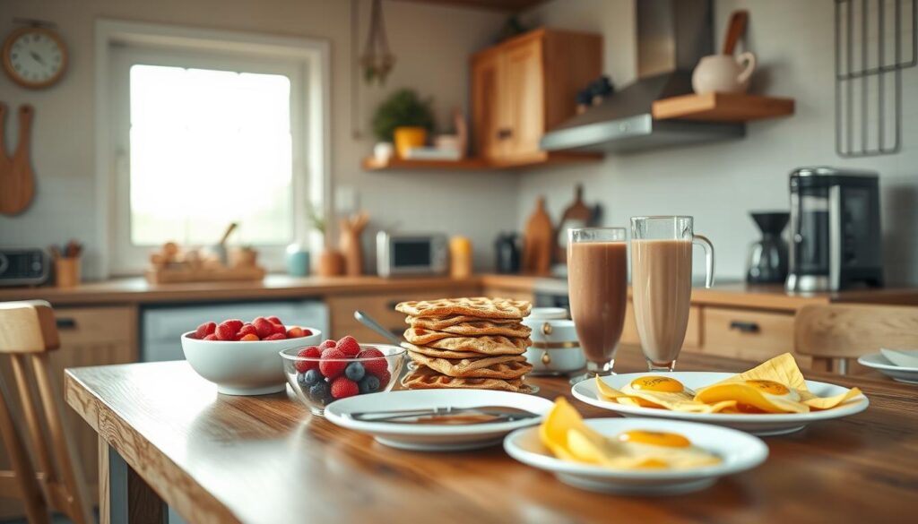 a cozy, minimal kitchen environment with wooden textures and light blue accents. in the foreground, an array of healthy, low-sugar breakfast options arranged neatly on a wooden table, including a bowl of fresh berries, a stack of whole-grain waffles, a smoothie in a glass, and a plate of scrambled eggs. in the middle ground, various cooking utensils and small appliances, such as a toaster, blender, and coffee maker, all complementing the overall aesthetic. in the background, a window overlooking a sunny, peaceful morning landscape, casting a warm, natural light throughout the scene. the mood is one of simplicity, efficiency, and healthy living, perfect for a quick, low-sugar breakfast before a busy school morning.