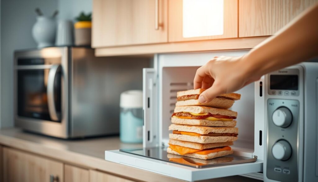 a cozy, minimal kitchen interior with natural wooden textures and light blue accents, a stainless steel microwave and oven on the countertop, an open white cabinet revealing neatly stacked frozen breakfast sandwiches, a hand carefully placing a frozen sandwich into the microwave, warm soft lighting creating a comforting atmosphere, the scene conveying the ease and convenience of quickly reheating homemade frozen breakfast meals