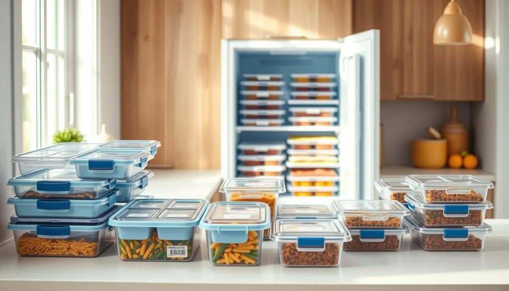 a cozy, minimal kitchen interior with warm wooden textures and light blue accents. in the foreground, various freezer-safe containers and meal prep boxes are neatly organized on a clean, white counter, with lids, dividers, and labels visible. behind them, the open freezer door reveals rows of frozen meals, portioned and ready to grab. the lighting is soft and diffused, highlighting the clean and efficient meal prep setup. the overall mood is one of organized simplicity, reflecting the 