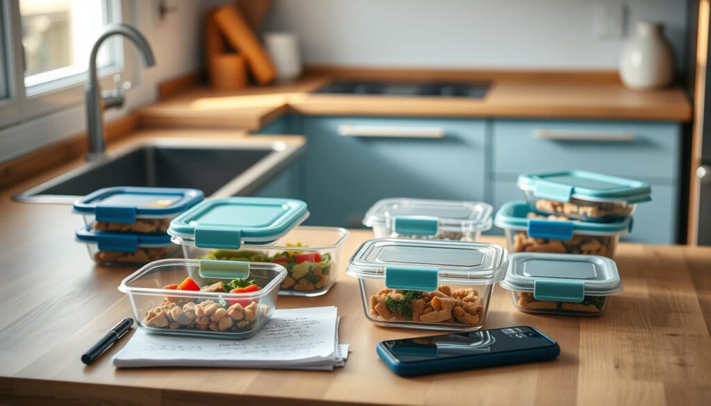 a cozy minimal kitchen interior with wooden countertops, light blue accents, and no hands visible. On the counter are several rectangular meal prep containers, their lids open to reveal the contents inside. The containers have a sleek, modern design with clear plastic bodies and colorful silicone seals. Next to the containers are hand-written notes and a smartphone, suggesting a user reviewing and sharing their experience with these meal prep solutions. The lighting is soft and natural, creating a warm, inviting atmosphere as the scene captures real-world, practical use of these storage containers.