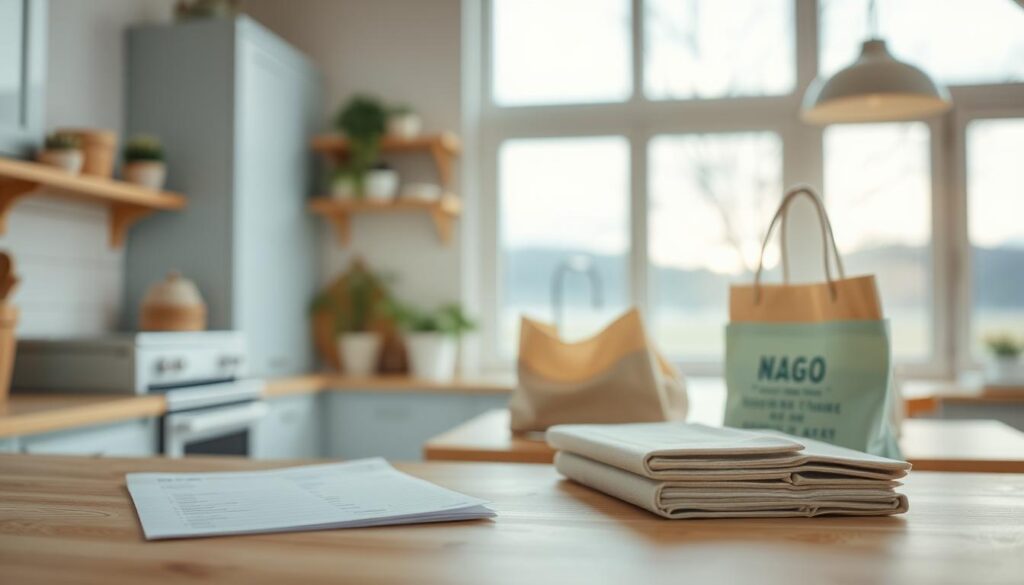 a cozy, minimal kitchen interior with wooden textures, light blue accents, and natural lighting. In the foreground, a shopping list is carefully arranged on the counter, highlighting efficient grocery shopping tips like buying in bulk, sticking to a plan, and focusing on whole, unprocessed foods. In the middle ground, reusable shopping bags and containers are neatly displayed, emphasizing the importance of sustainable practices. The background features a large window overlooking a serene outdoor scene, creating a calming atmosphere that encourages mindful, stress-free grocery shopping.