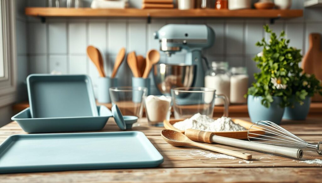 a cozy, minimal kitchen with light blue accents and wooden textures, showcasing an array of high-quality gluten-free cooking tools meticulously arranged on a rustic wooden counter. In the foreground, a set of silicone baking sheets, a sturdy dough scraper, and a sleek stainless steel spatula stand out. In the middle ground, a glass measuring cup, a wooden spoon, and a wire whisk catch the soft, natural lighting. The background features a gleaming stand mixer, a collection of gluten-free flours in glass jars, and a few lush, potted herbs, creating a harmonious and inviting atmosphere for preparing delicious, celiac-friendly meals.