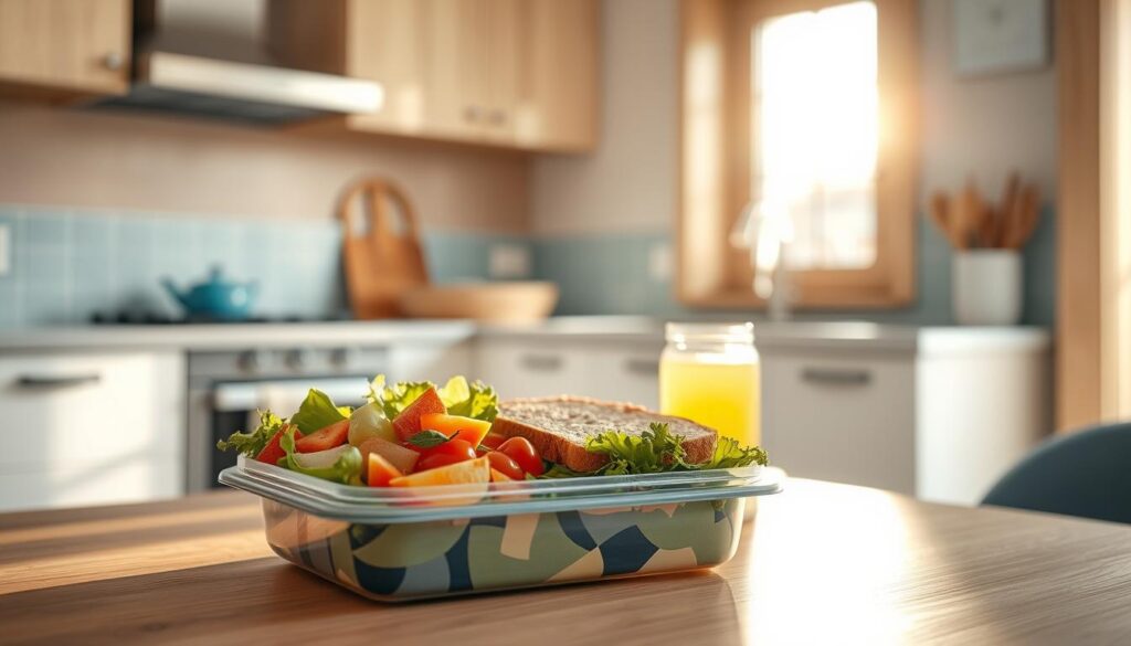 a cozy, minimal kitchen with warm wooden textures and light blue accents, a neatly packed cold lunch box with a variety of fresh and healthy ingredients, such as a crisp salad, a sandwich made with whole-grain bread, sliced fruit, and a refreshing beverage, the sunlight streaming in through a window, casting a soft, natural light on the scene, conveying the benefits of a satisfying and nutritious cold lunch option for the busy office worker, without the need for reheating, capturing the tranquility and efficiency of a well-prepared, on-the-go meal.