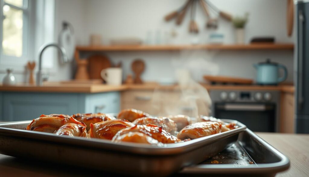 a cozy, minimal kitchen with warm wooden textures and light blue accents, a sheet pan in the foreground showcasing a crispy, golden-brown baked chicken, the skin glistening with a light glaze, the meat juicy and tender within, a steam rising from the pan, creating an inviting aroma, the kitchen bathed in soft, natural lighting that accentuates the textures and colors, the scene conveying a sense of homemade, flavorful comfort without the need for deep-frying