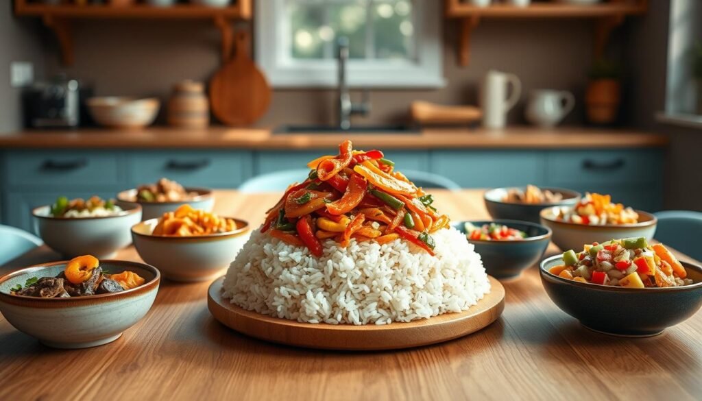 a cozy, minimal kitchen with warm wooden textures and light blue accents, several creative rice bowl variations are artfully arranged on a natural wood table. in the center, a vibrant vegetable stir-fry in a deep red-orange sauce sits atop a bed of fragrant jasmine rice. surrounding it, small bowls hold an assortment of global flavors: a korean bulgogi-style beef with pickled vegetables, a thai coconut curry with shrimp, a mexican rice and bean bowl with avocado and pico de gallo. natural light streams in through a window, casting a soft glow on the various dishes. the overall scene evokes a sense of culinary experimentation and international flair.