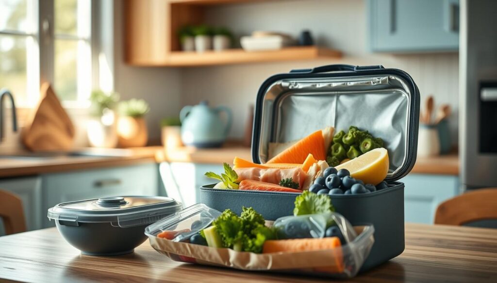 a cozy, minimal kitchen with warm wooden textures and light blue accents, showcasing a variety of fresh, nutritious lunch items neatly organized in an insulated lunchbox, with a focus on preserving the food's freshness without the need for heating, capturing the essence of the "No Heat Lunchbox Meals Insulated Containers For Freshness" article's introduction and overview