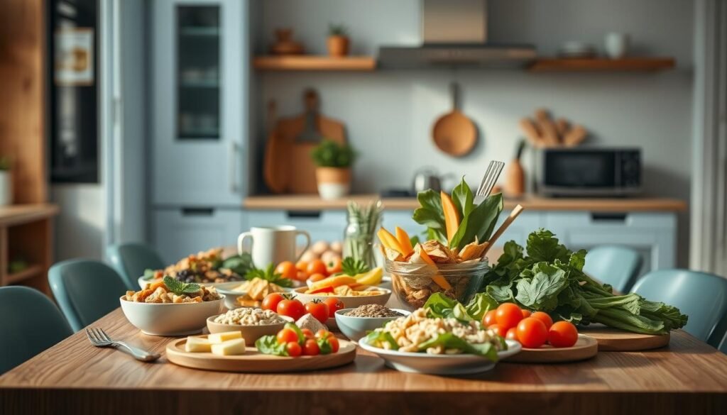 a cozy, minimal kitchen with warm wooden textures and light blue accents, showcasing a variety of creative office-friendly breakfast and lunch recipes neatly arranged on a wooden table. various healthy ingredients like fresh produce, grains, and proteins are presented in an inviting and visually appealing manner, inspiring ideas for nutritious and energizing office meals. the scene is bathed in soft, natural lighting, creating a calming and productive atmosphere, encouraging the viewer to explore these culinary creations for their own office mealtime routine.