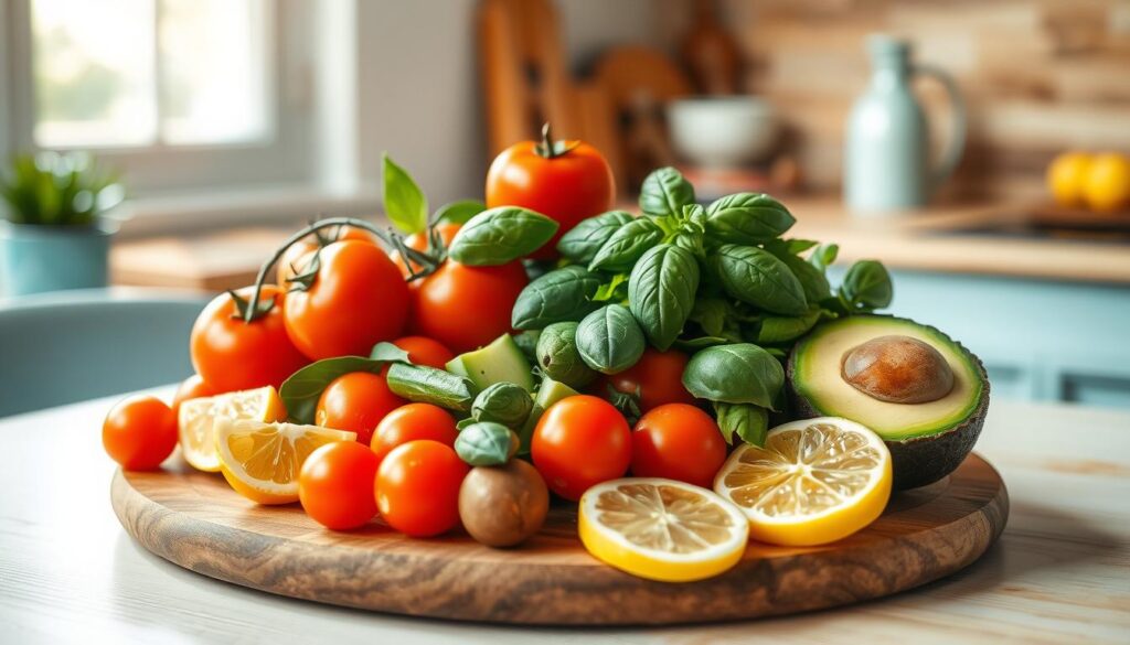a cozy, minimal kitchen with warm wooden textures and light blue accents, showcasing a vibrant arrangement of summer ingredients - juicy tomatoes, crisp cucumbers, fragrant basil, creamy avocado, and tangy lemon slices. The ingredients are artfully placed on a natural wooden board, bathed in soft, natural lighting that highlights their vibrant colors and textures. The scene conveys a sense of freshness, simplicity, and the bounty of the summer season, perfectly capturing the spirit of a 