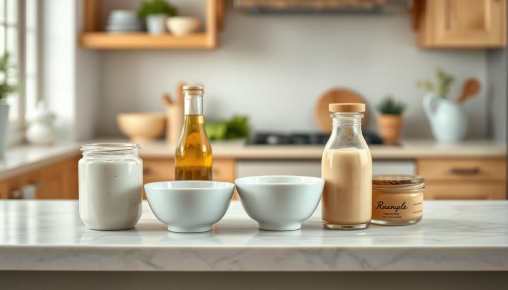 a cozy, minimal kitchen with warm wooden textures and light blue accents. on a clean, marble-like countertop, an assortment of homemade dressings and sauces are neatly arranged - a creamy ranch, a tangy balsamic vinaigrette, a bright lemon-herb vinaigrette, and a rich and savory tahini dressing. the dressings are presented in simple, white ceramic bowls, their vibrant colors and natural ingredients shining through. the lighting is soft and diffused, creating a calming, appetizing atmosphere. the overall scene conveys the idea of fresh, flavorful, and nourishing homemade dressings that can elevate a simple cold lunch.