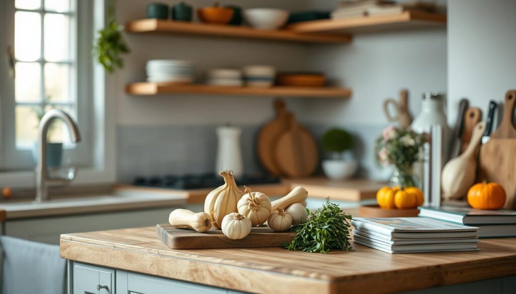 a cozy, minimal kitchen with warm wooden textures and light blue accents. on the counter, fresh seasonal produce like squash, onions, and herbs are arranged neatly, alongside cutting boards, knives, and a few cookbooks. the soft, diffused lighting creates a soothing atmosphere, hinting at the delicious meal preparation to come. the kitchen feels organized and tranquil, a perfect setting for thoughtful seasonal dinner planning.