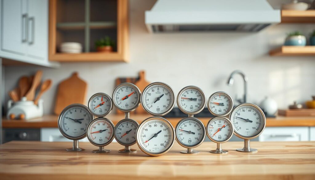 a cozy, minimal kitchen with warm wooden textures, light blue accents, and no hands. Centered on a clean, uncluttered counter, a series of analog dial thermometers in various sizes and colors display precise temperature guidelines for roasting different types of meats and vegetables, from rare to well-done. The thermometers are arranged in a visually pleasing grid, with the temperature ranges clearly marked. The lighting is soft and diffused, creating a calming, inviting atmosphere that invites the viewer to explore the guidelines and plan their perfect roast.