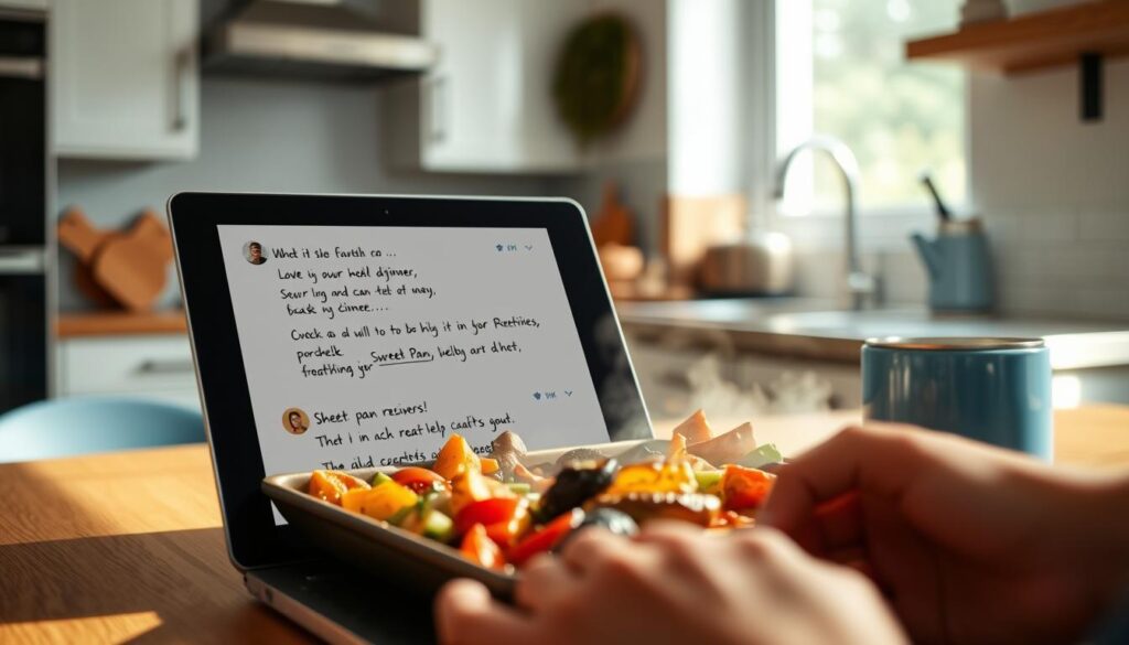 a cozy, minimal kitchen with warm wooden textures, light blue accents, and no hands. In the foreground, a laptop or tablet displays enthusiastic user reviews of a sheet pan dinner recipe, with handwritten notes and stars highlighting its success. The middle ground features the actual dish, a perfectly roasted, vibrant medley of vegetables and proteins, steaming and tempting. In the background, a clean, organized kitchen countertop hints at the meal's effortless preparation. Soft, natural lighting bathes the scene, creating a welcoming, inviting atmosphere that captures the joy of a simple, satisfying homemade meal.