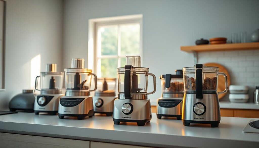 a cozy, minimal kitchen with warm wooden textures, light blue accents, and no hands. On a clean countertop, an array of high-quality food processors neatly arranged, showcasing their unique features and designs. The processors are backlit with soft, diffused lighting, highlighting their sleek stainless steel bodies and control panels. In the background, natural light filters through a window, casting a gentle glow across the scene. The overall atmosphere is one of calm, functionality, and attention to culinary tools that can elevate home meal preparation.
