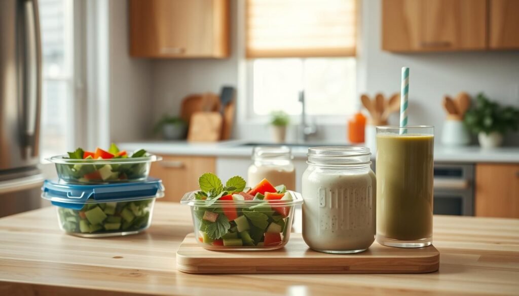 a cozy, minimal kitchen with warm wooden textures, light blue accents, and no visible hands. in the foreground, an assortment of healthy, time-saving lunch items - containers of fresh salad, overnight oats, chopped vegetables, and a smoothie. the middle ground features a cutting board with sliced ingredients, a jar of homemade dressing, and a tidy array of simple utensils. the background hints at a clean, organized space with clean lines and natural light filling the room, creating a calming, effortless atmosphere.