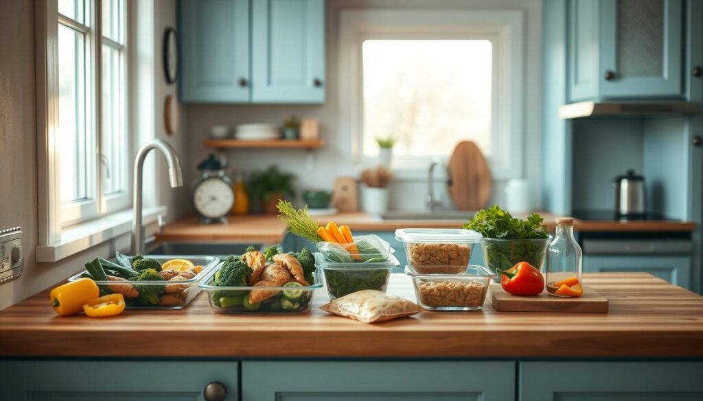 a cozy minimal kitchen with wooden countertops, light blue cabinets, and a simple layout. on the countertop, a variety of healthy meal prep ingredients are neatly arranged - grilled chicken breasts, fresh vegetables like broccoli and bell peppers, glass containers, and a small cutting board. the lighting is warm and natural, coming through a large window. the scene conveys an efficient, organized, and time-saving approach to preparing a nutritious lunch with minimal effort.