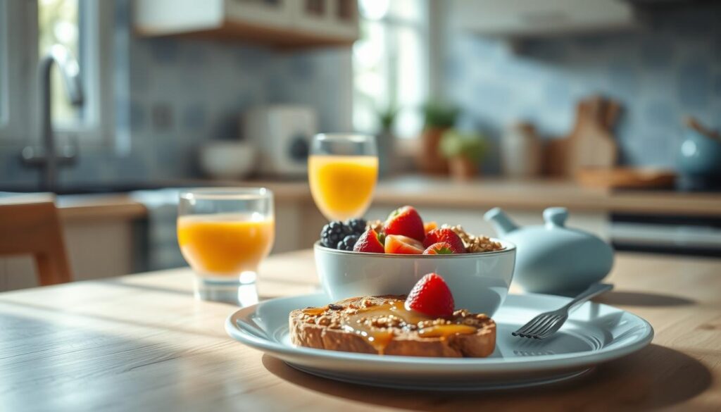 a cozy, minimal kitchen with wooden textures and light blue accents, a breakfast spread featuring a bowl of granola, fresh berries, a glass of orange juice, and a slice of whole grain toast with a light drizzle of honey, all bathed in soft, natural lighting, creating a sense of warmth and nourishment, conveying the importance of a low-sugar, sustained energy breakfast to start the day