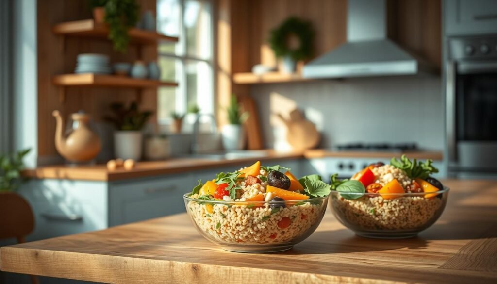 a cozy, minimal kitchen with wooden textures and light blue accents, a dynamic arrangement of creatively plated quinoa bowls in the foreground, featuring an array of vibrant vegetables, herbs, and proteins, with soft, diffused lighting highlighting the textures and colors, creating a warm and inviting atmosphere for a healthy office lunch