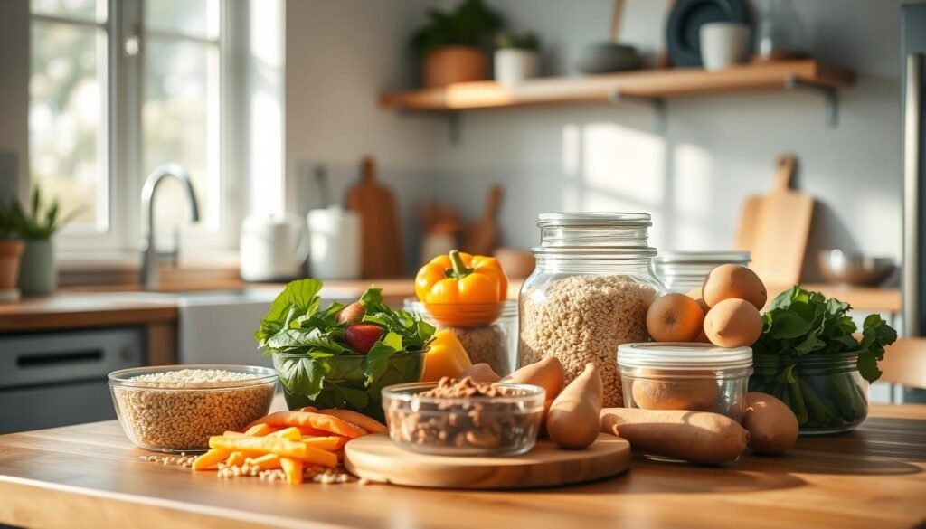 a cozy, minimal kitchen with wooden textures and light blue accents, a selection of gluten-free meal prep staples artfully arranged on a wooden table, including quinoa, brown rice, mixed greens, bell peppers, sweet potatoes, and glass containers, bathed in soft, natural lighting, creating a peaceful, organized atmosphere for efficient gluten-free meal planning