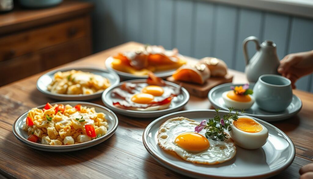 a cozy, minimal kitchen with wooden textures and light blue accents, a variety of egg-based breakfast dishes arranged artfully on a wooden table, including scrambled eggs with diced bell peppers and chives, fried eggs with crispy bacon, and a soft-boiled egg with soldiers, garnished with fresh herbs and edible flowers, soft natural lighting illuminating the scene, creating a warm, inviting atmosphere, no hands visible, the focus entirely on the delightful, creative egg dishes