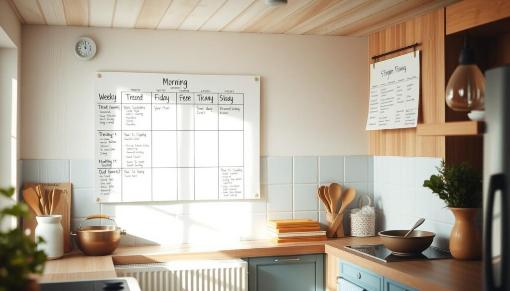 a cozy, minimal kitchen with wooden textures and light blue accents, a weekly meal plan chart hanging on the wall, showing a balanced selection of home-cooked dishes, organized by day, with handwritten notes and ingredient lists, the chart illuminated by natural light streaming through a window, conveying a sense of organized productivity and healthy meal planning