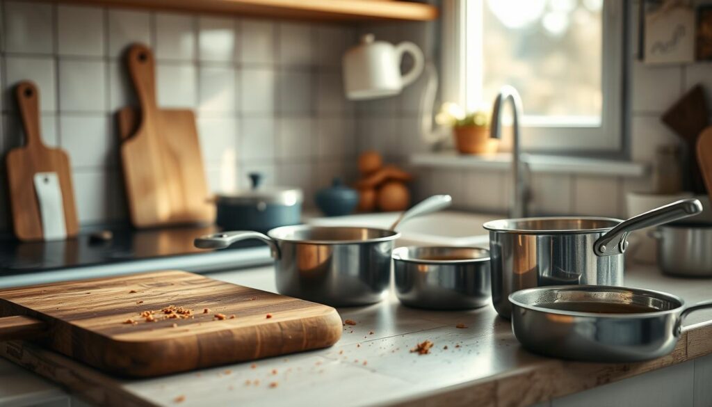 a cozy, minimal kitchen with wooden textures and light blue accents, a worn wooden cutting board and stained pots and pans sit haphazardly on the counter, crumbs and stains from previous meals linger, creating an atmosphere of culinary entropy and the faint aroma of spices and leftover flavors, the light casting soft shadows and highlighting the imperfections and character of the used cookware, conveying the challenges of properly reheating and repurposing leftovers