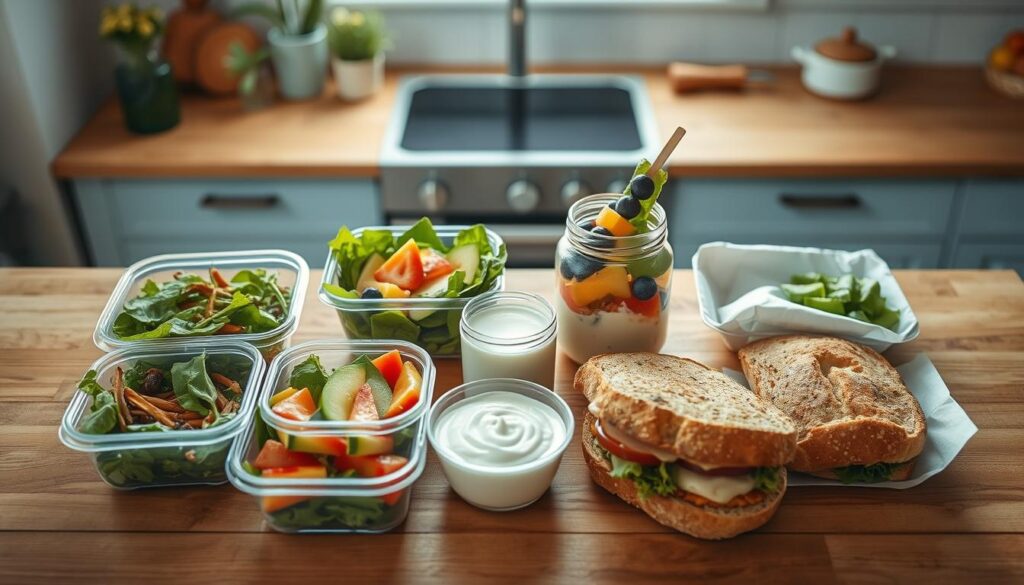 a cozy minimal kitchen with wooden textures and light blue accents, an overhead shot capturing a variety of easy cold lunch ideas neatly arranged on a wooden table - fresh greens and crunchy veggies in reusable containers, a mason jar salad, a colorful fruit skewer, a creamy yogurt parfait, and a tasty sandwich on artisanal bread, all illuminated by soft natural lighting and a sense of simple elegance