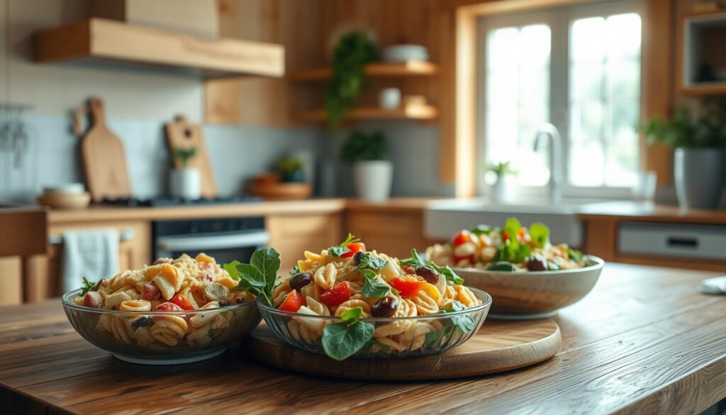 a cozy, minimal kitchen with wooden textures and light blue accents, capturing a delightful assortment of fresh, colorful pasta salad recipes arranged artfully on a wooden table, featuring a variety of seasonal vegetables, crisp greens, and a creamy, flavorful dressing, lit by soft, diffused natural light from a large window, creating a warm, inviting atmosphere that perfectly complements the hearty, satisfying nature of the cold dishes