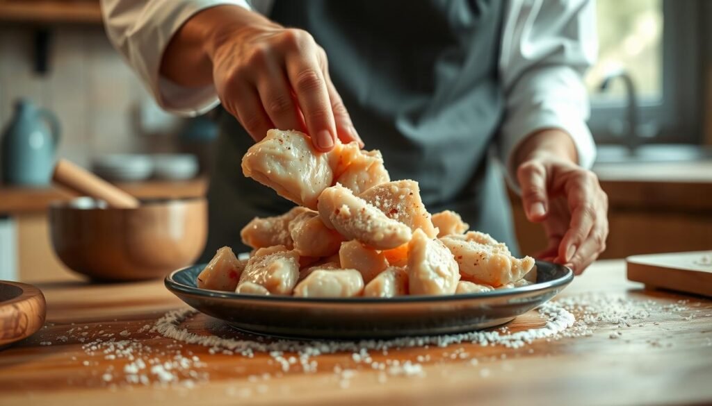 a cozy, minimal kitchen with wooden textures and light blue accents, close-up view of a chef's hands carefully velveting chicken pieces by marinating them in a mixture of cornstarch, egg white, and seasonings, creating a velvety, tender texture for a delicious stir-fry, warm lighting from above illuminates the preparation, clean and uncluttered background emphasizes the technique