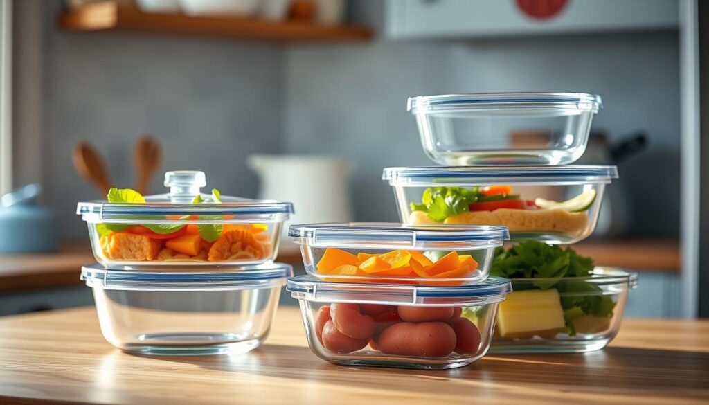 a cozy, minimal kitchen with wooden textures and light blue accents, featuring a closeup view of a set of clear borosilicate glass food storage containers from the Rubbermaid Brilliance Series, showcasing their sleek, modern design with airtight lids and durable construction, illuminated by soft, natural lighting that accentuates the transparency and purity of the glass, creating a visually appealing and organized meal prep display for the Rubbermaid Brilliance Series section of the article