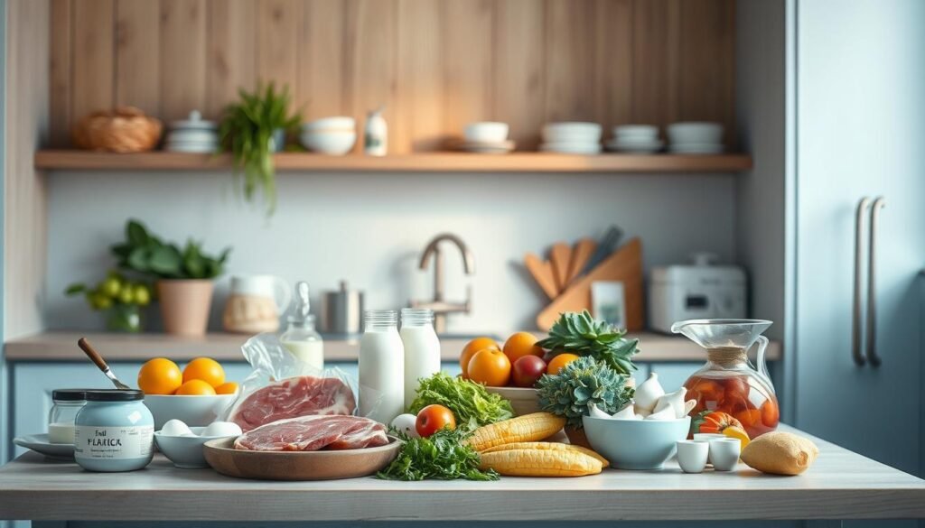 a cozy, minimal kitchen with wooden textures and light blue accents, featuring a countertop display of temperature-sensitive food items such as raw meat, eggs, dairy products, and perishable produce arranged in a visually-appealing manner. The lighting is soft and natural, casting a warm glow that highlights the importance of proper temperature control for food safety. The scene conveys a sense of care and attention to detail, emphasizing the crucial role of temperature regulation in meal preparation to ensure the health and well-being of the consumer.