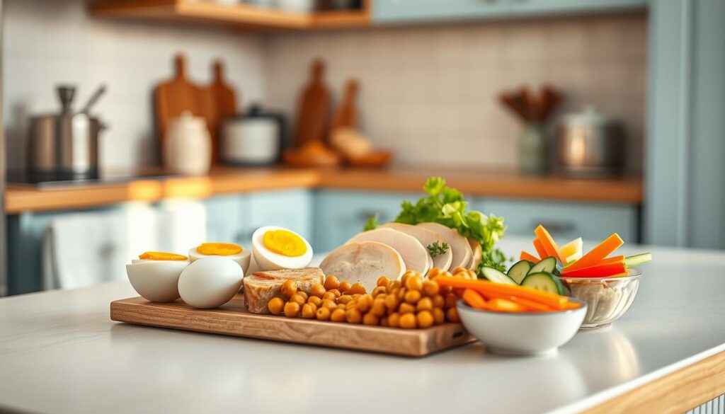 a cozy, minimal kitchen with wooden textures and light blue accents, featuring a variety of protein-rich lunch ingredients neatly arranged on the counter, including hard-boiled eggs, sliced turkey, roasted chickpeas, and a side of fresh vegetables like carrot sticks and cucumber slices, all bathed in warm, natural lighting that highlights the vibrant colors and textures of the healthy meal, conveying the benefits of a protein-packed lunch for sustained energy throughout the day