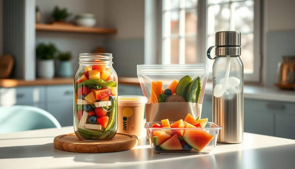 a cozy minimal kitchen with wooden textures and light blue accents, featuring a variety of refreshing cold lunch ideas for work and kids - a glass mason jar filled with layered salad, a bento box with colorful sliced fruits and vegetables, a reusable silicone pouch containing a chilled smoothie, and a stainless steel thermos of iced tea, all arranged artfully on a white tabletop with natural lighting from a large window casting soft shadows, creating a clean, inviting atmosphere for a healthy, satisfying midday meal