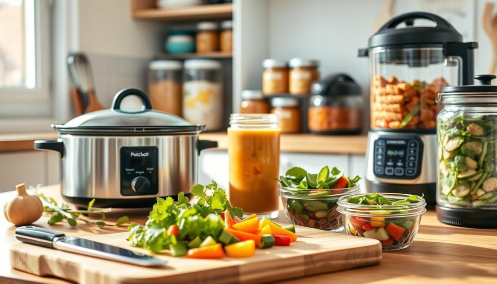 a cozy, minimal kitchen with wooden textures and light blue accents, featuring a variety of time-saving meal prep techniques. In the foreground, a cutting board with freshly chopped vegetables, a slow cooker simmering a hearty stew, and a blender filled with a nutrient-rich smoothie. In the middle ground, an organized pantry with labeled jars and containers, a meal-prepped salad in a glass jar, and a pressure cooker on the countertop. The background is filled with natural light, highlighting the clean and efficient workspace, encouraging productivity and healthy eating habits.