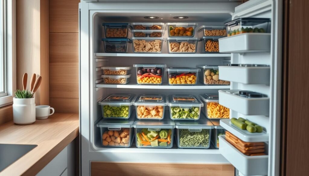 a cozy, minimal kitchen with wooden textures and light blue accents, featuring a well-organized freezer filled with a variety of portioned-out meals, arranged in clear containers and labeled neatly. The scene showcases the best practices of freezer meal prep, highlighting the efficient use of space, clear organization, and a variety of healthy, balanced dishes ready for easy reheating and enjoyment. The lighting is soft and natural, creating a warm and inviting atmosphere, with no hands visible to maintain the focus on the freezer contents and layout.